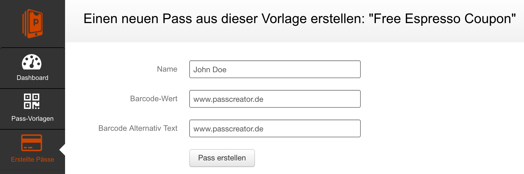 Create new Wallet pass in Passcreator