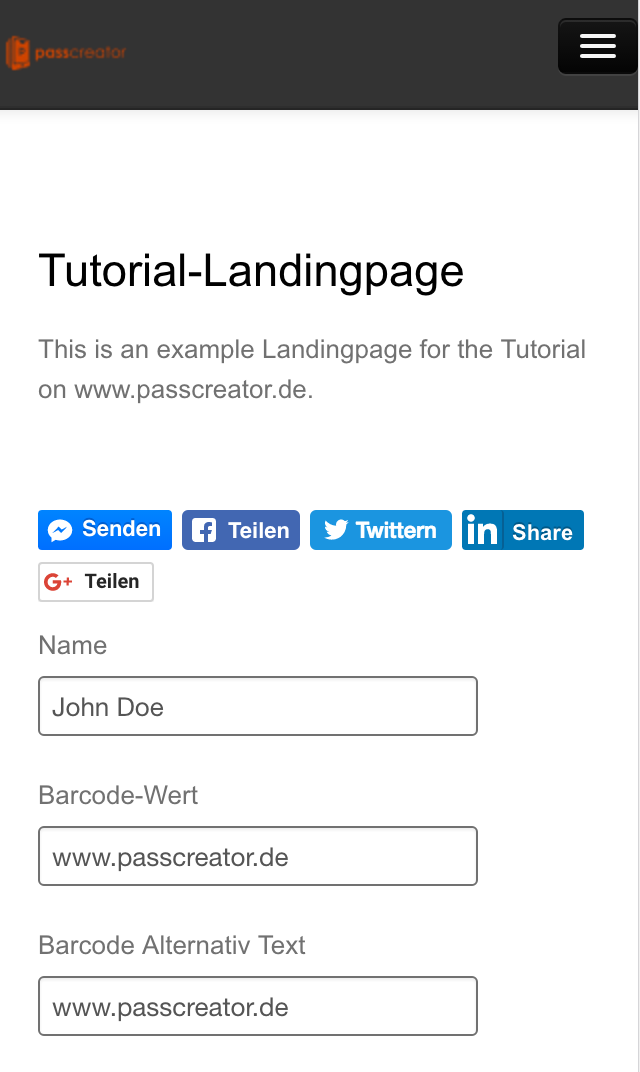 Landingpage for Wallet passes on a mobile device