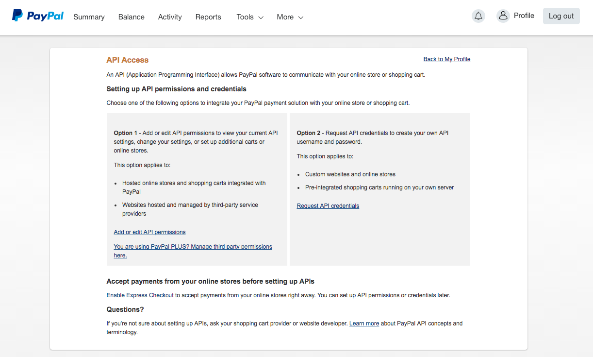 Request API access for PayPal