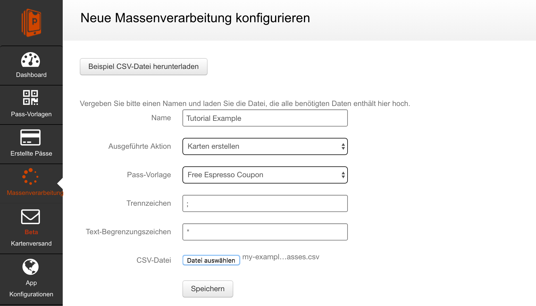 Specify properties for bulk processing job in Passcreator
