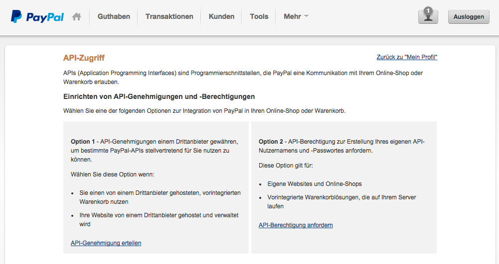 API Berechtigungen bei PayPal anfordern
