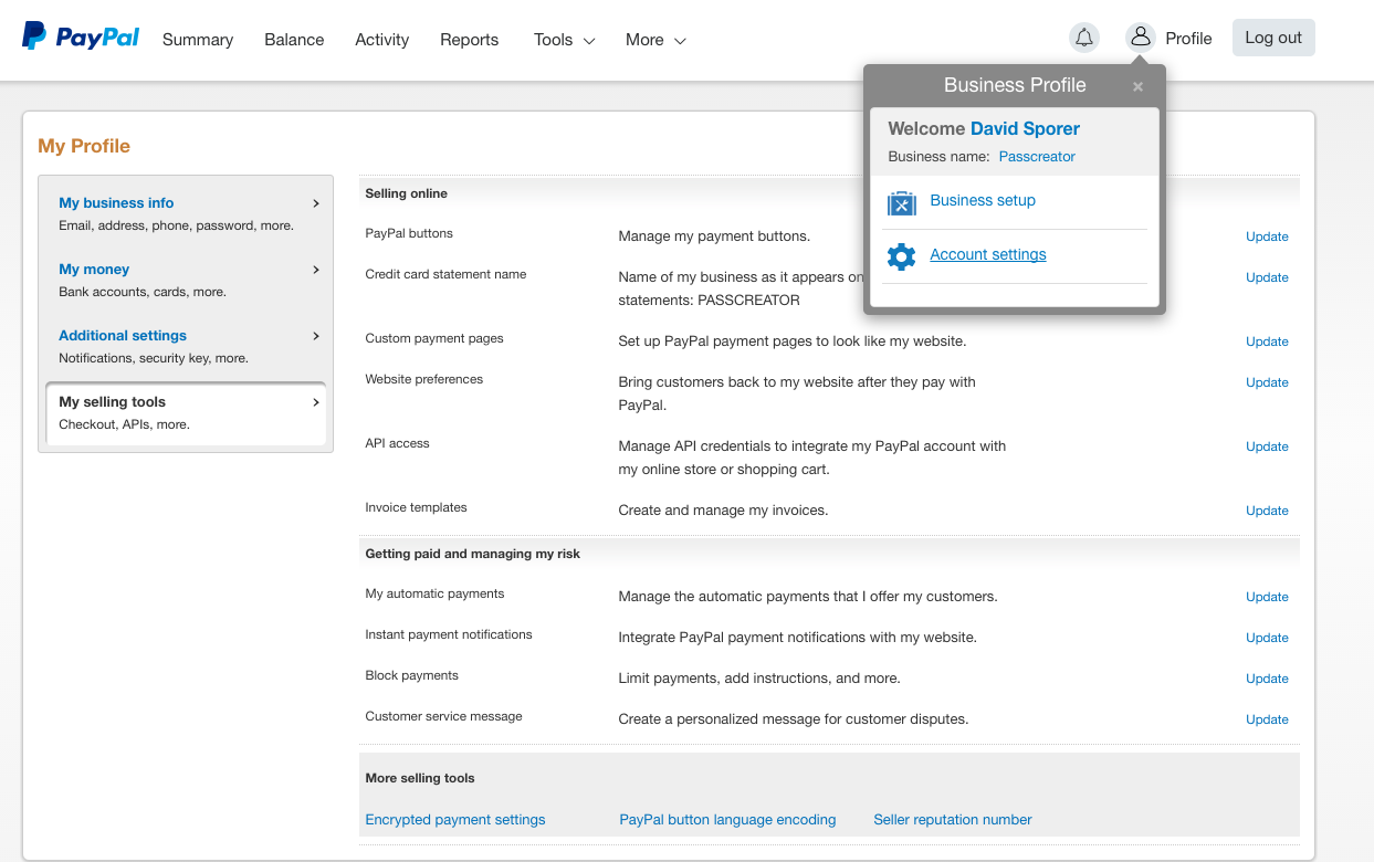 PayPal Account settings