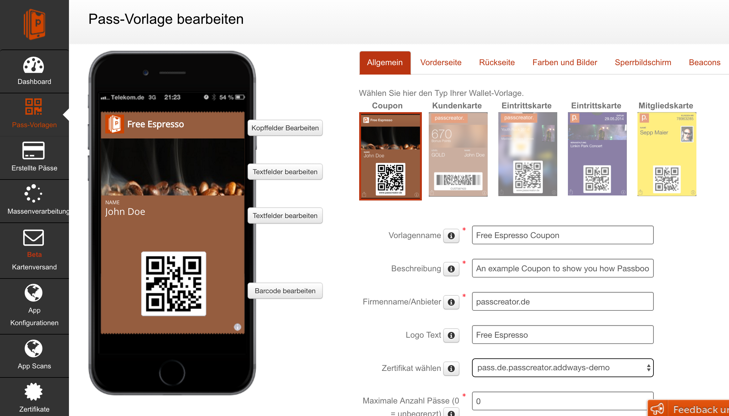 Der grafische Wallet-Editor von Passcreator