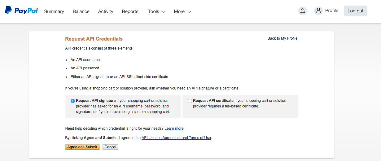 Confirm request for PayPal API access