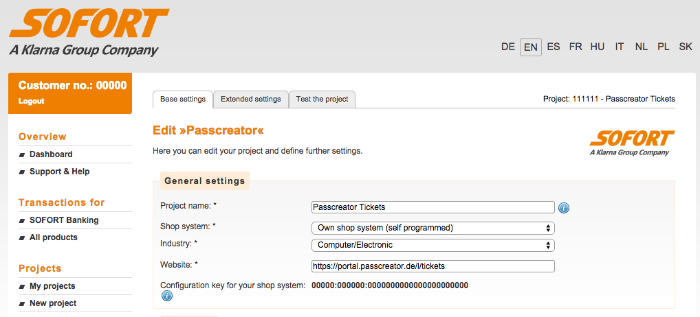 Setup gateway project on sofort.com