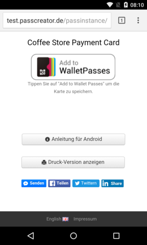 Download-Seite für Wallet-Karte auf Android