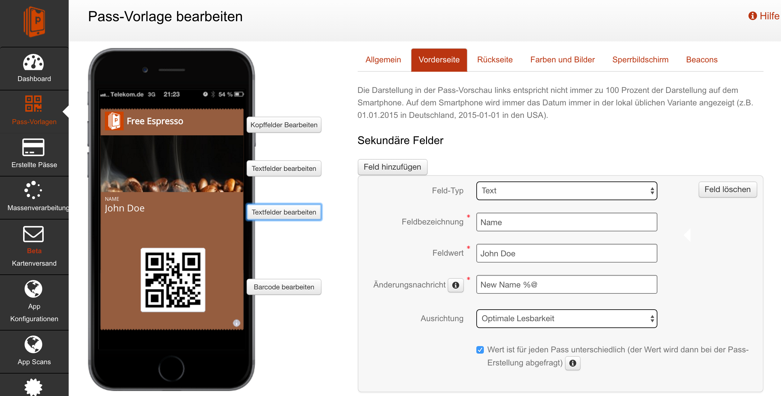 Vorderseite der Wallet-Karten im grafischen Editor
