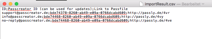 CSV file containing links to created Wallet passes