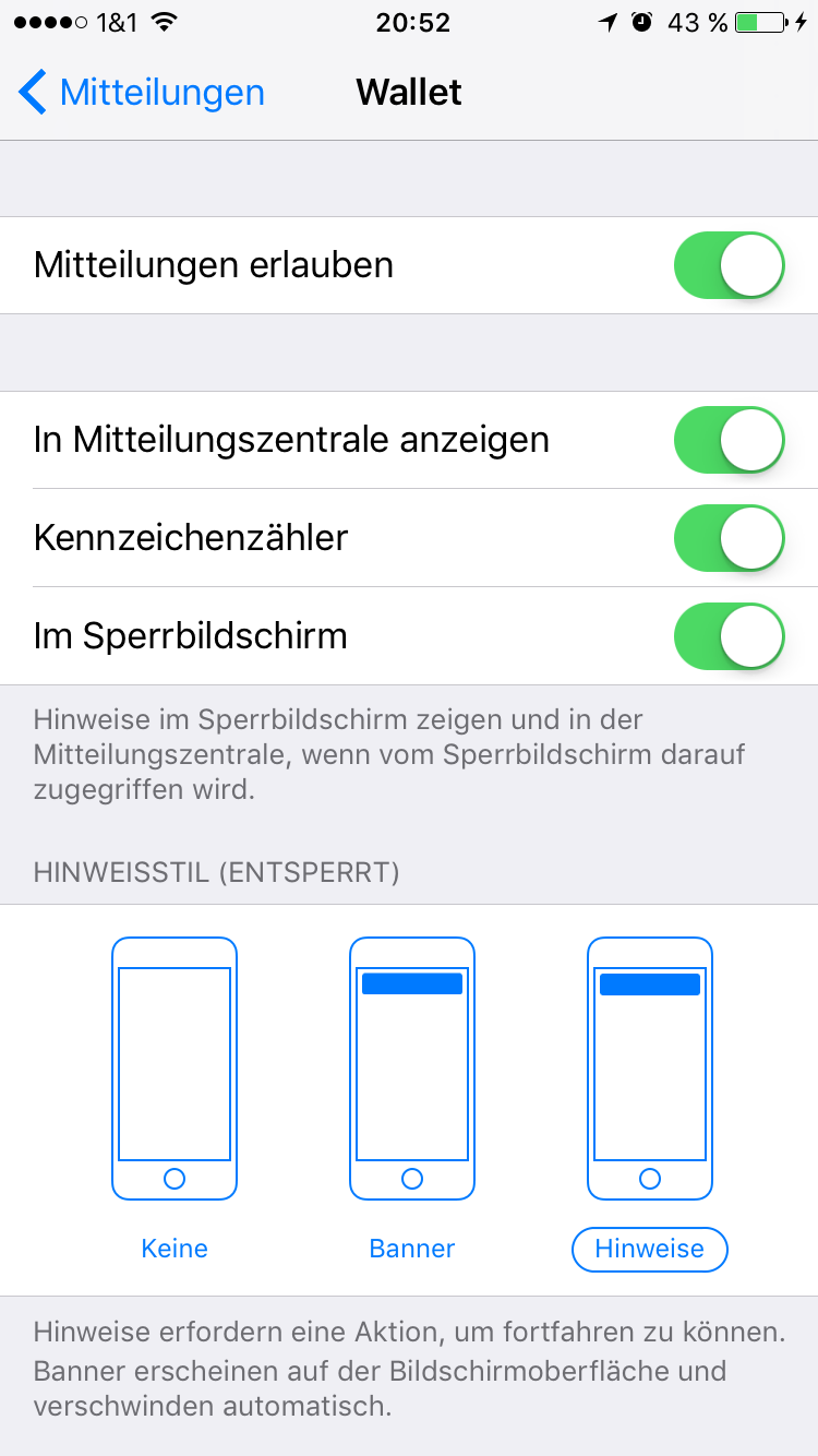 Einstellungen für Mitteilungen Wallet App iOS