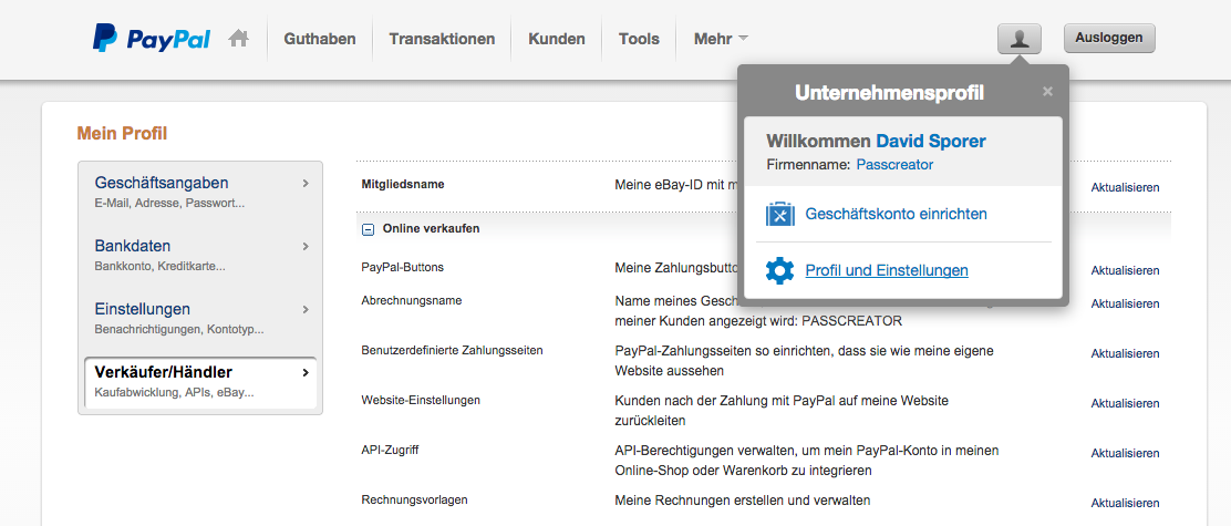 PayPal Profil und Einstellungen