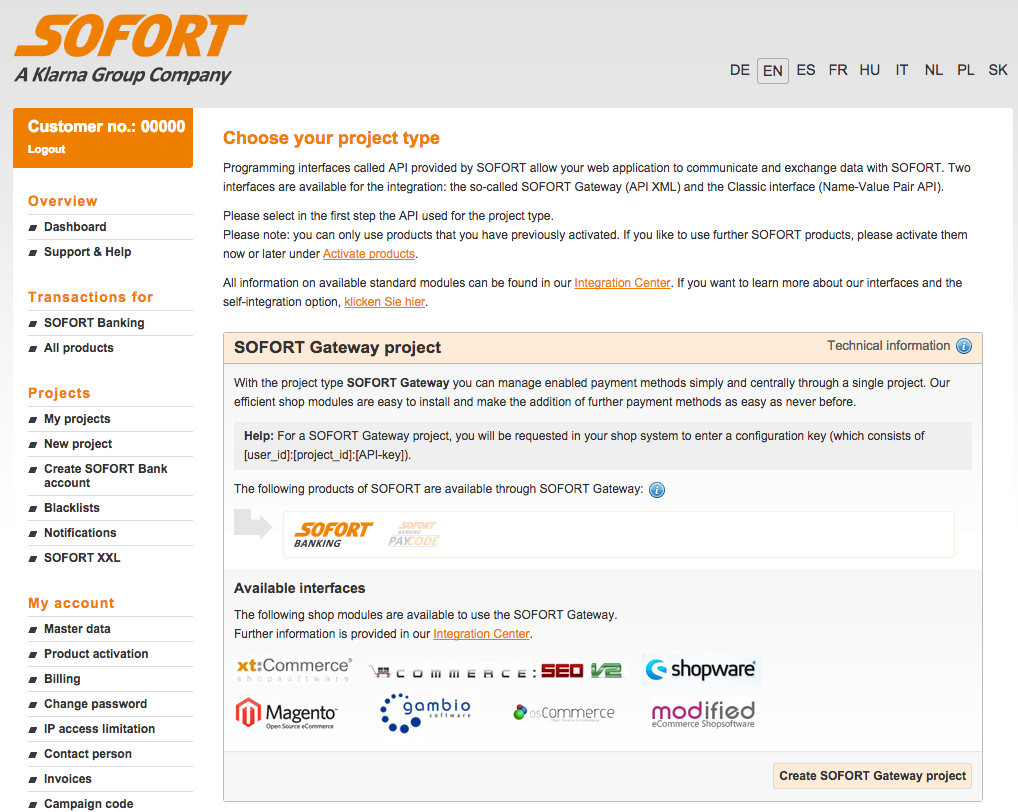 Choose project type for SOFORT project