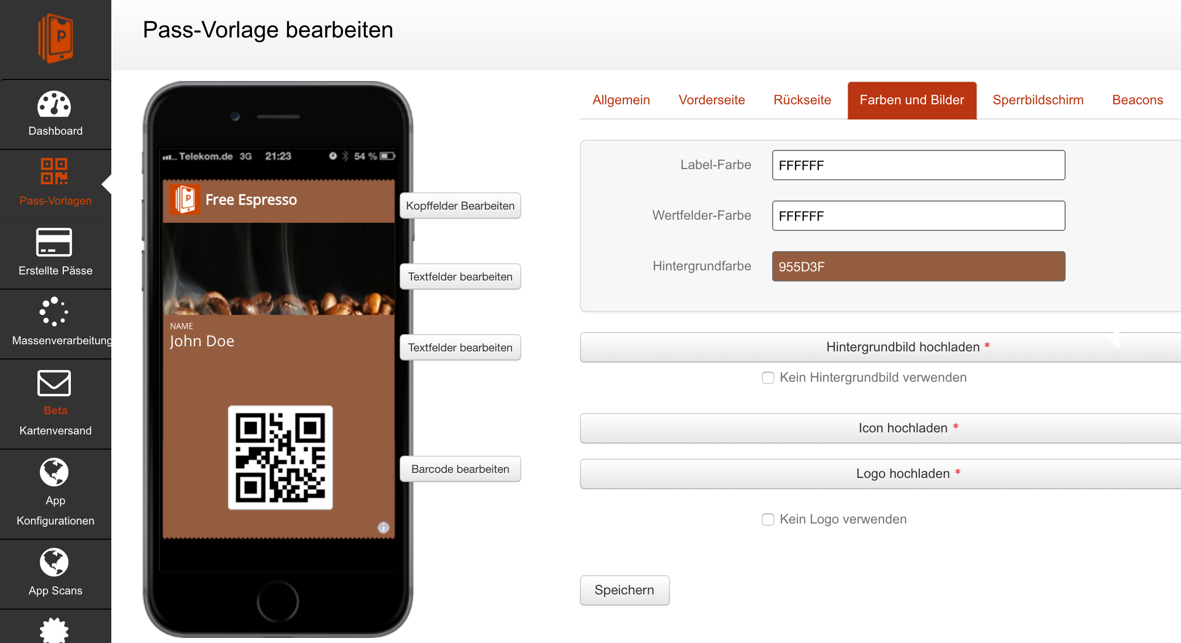 Farben und Bilder der Wallet-Karten im grafischen Editor