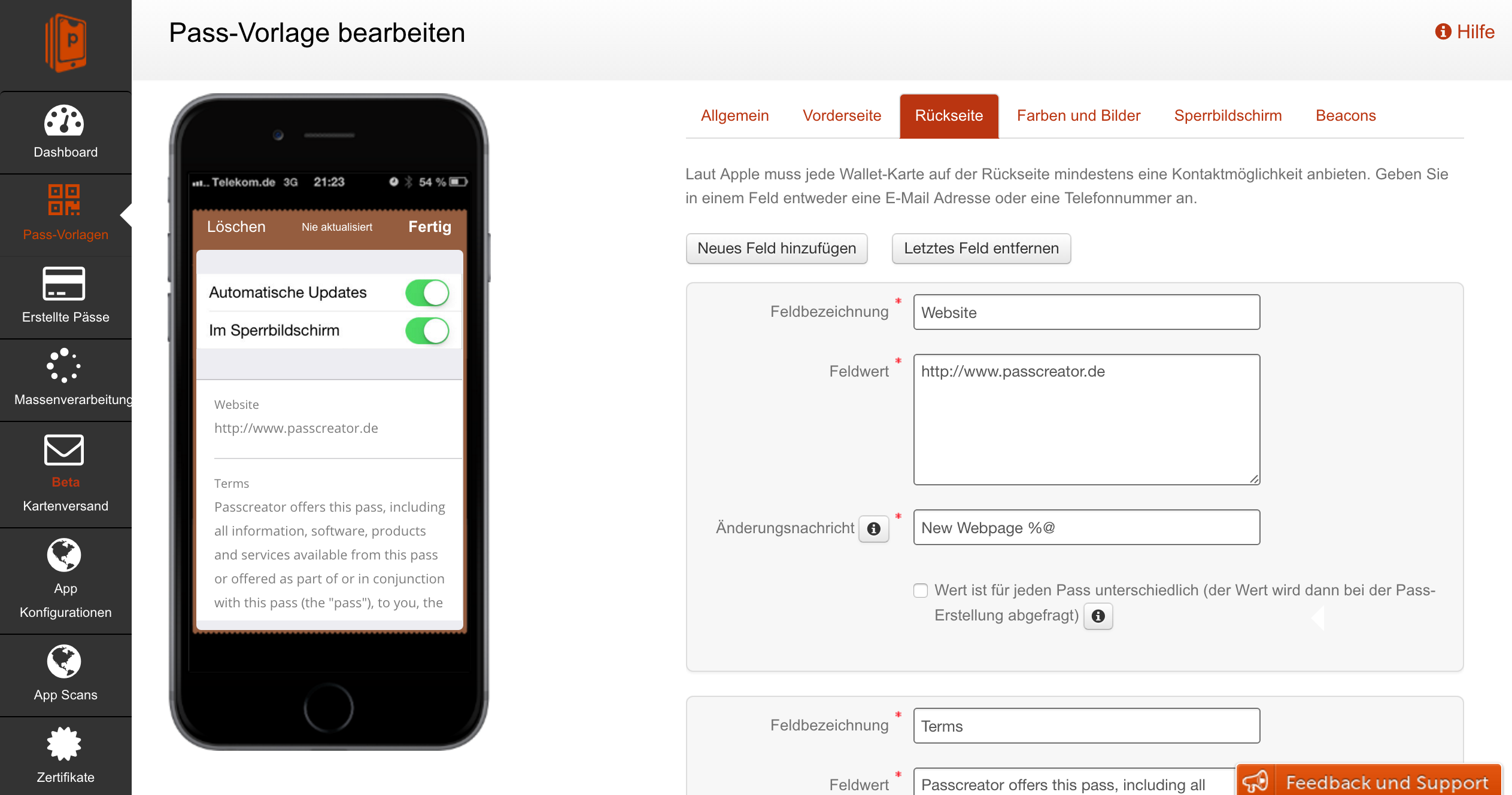 Rückseite der Wallet-Karten im grafischen Editor