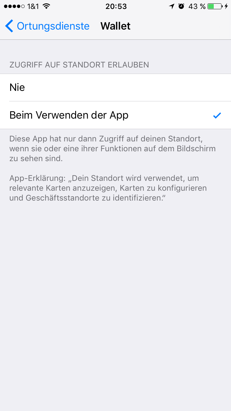 Einstellungen für Ortungsdienste der Wallet App auf iOS