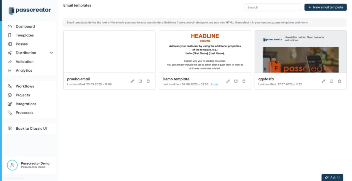 Email template list with preview cards