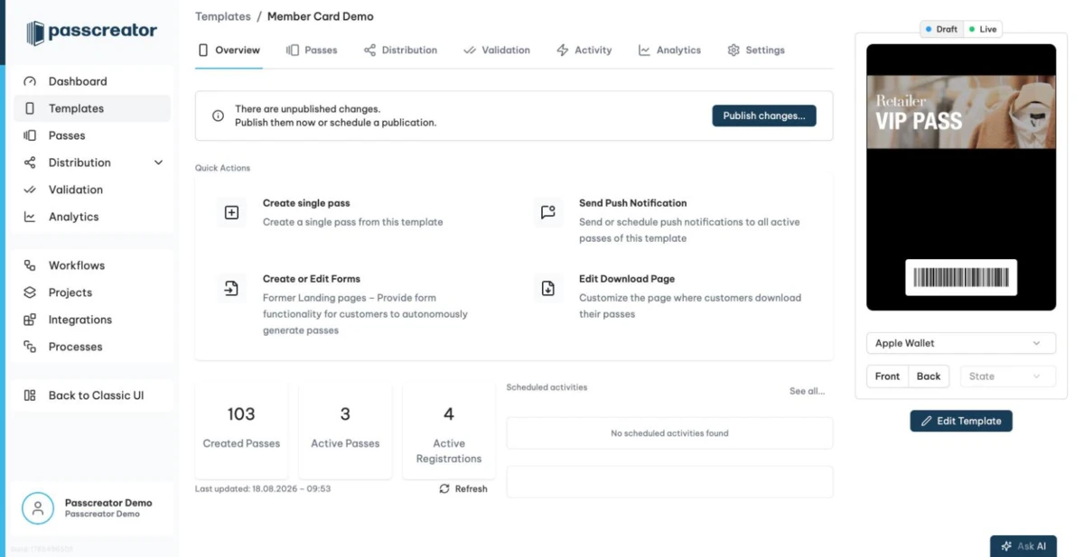 Template details overview with the Send Push Notification quick action