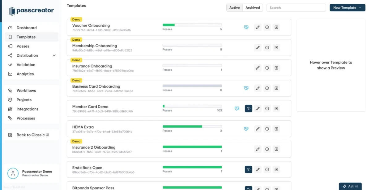 The templates list with the open New Template dropdown.