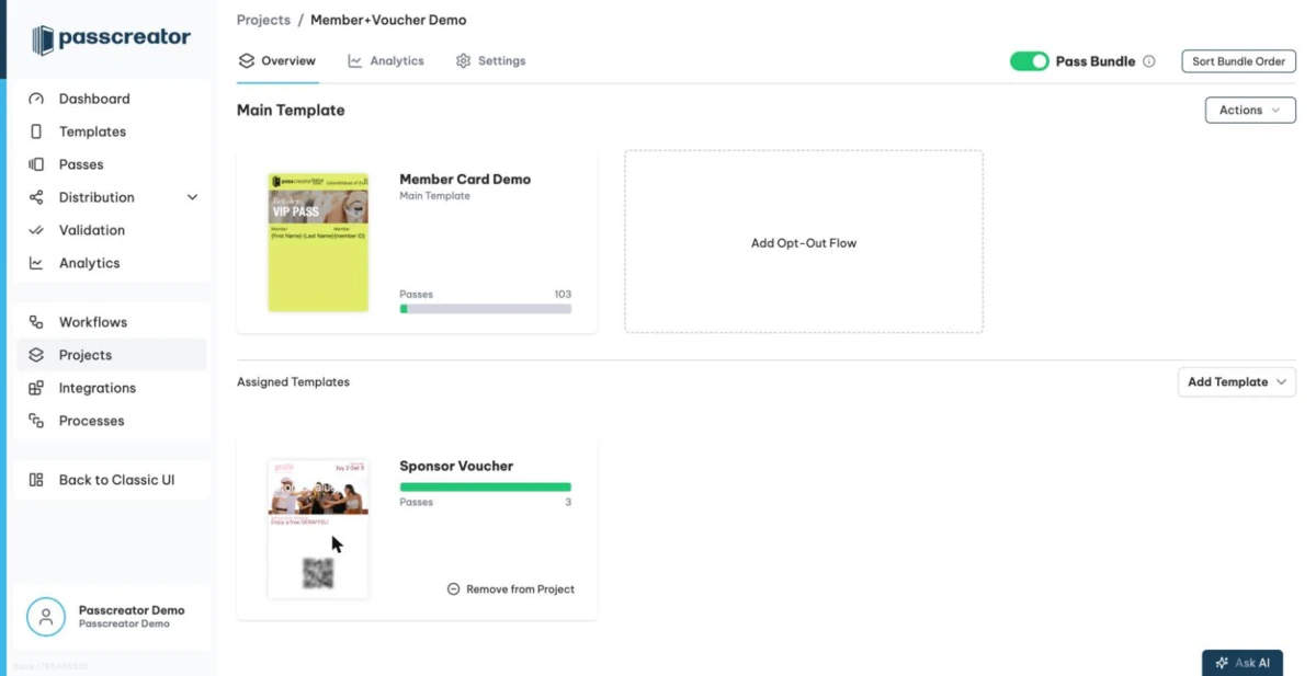 A project with the Pass Bundle toggle and the assigned templates.