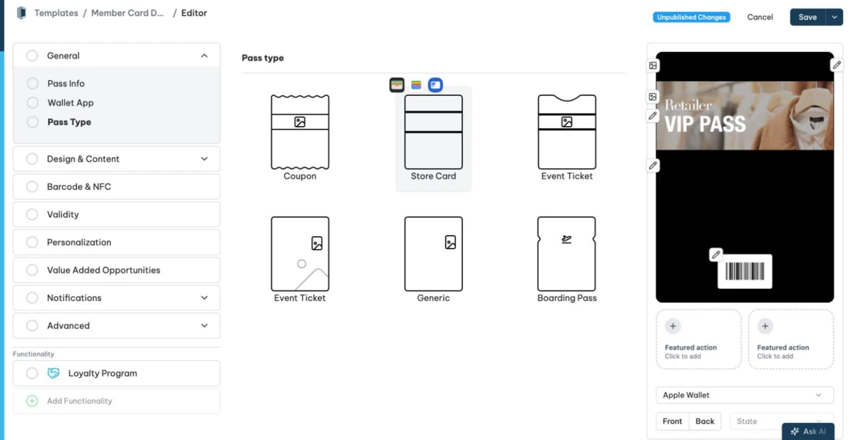 Pass Type selection in the template editor