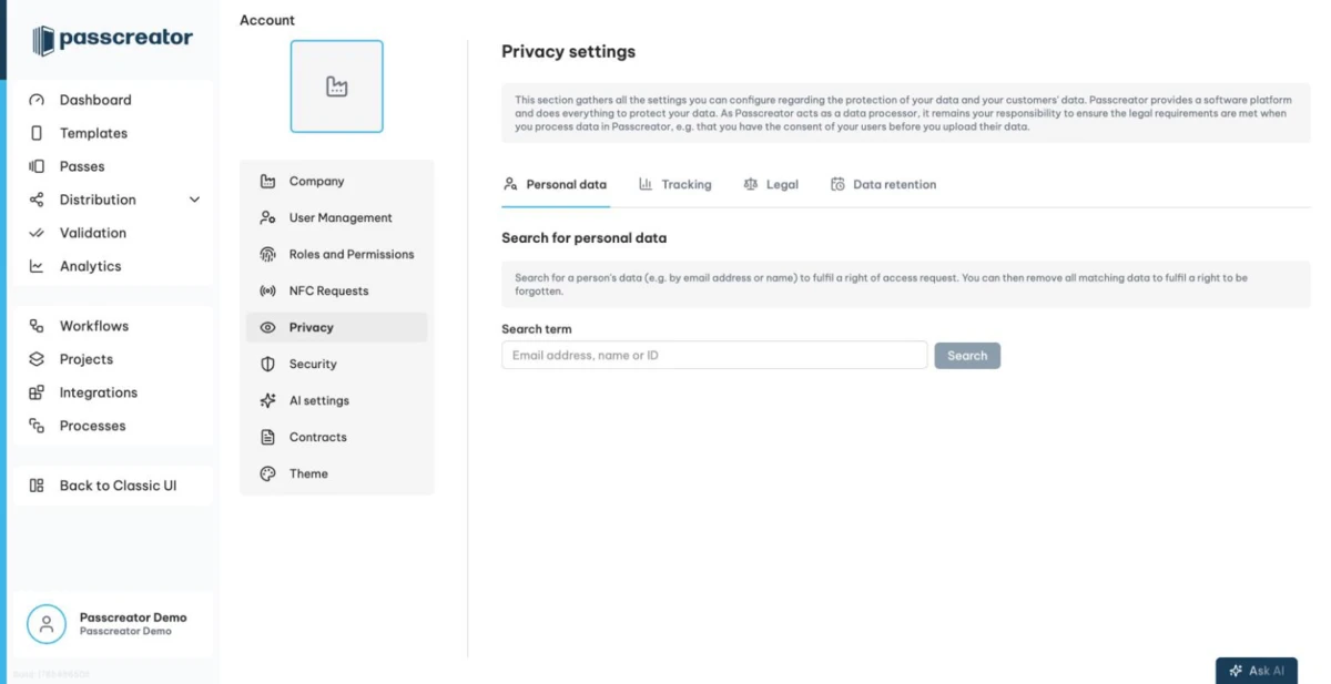 Privacy settings in the Account area