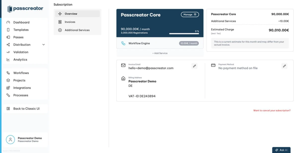 Subscription overview with plan card and usage