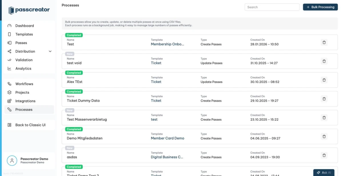 The list of bulk processing jobs with statuses