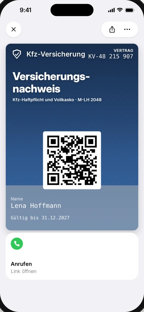 YourInsurance car insurance card with policy number and QR code in Apple Wallet