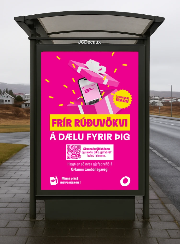 Orkan campaign poster at a bus stop, promoting the pass in the phone