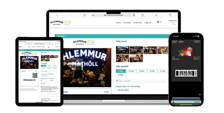 Hlemmur Mathöll gift card on a laptop, tablet and phone