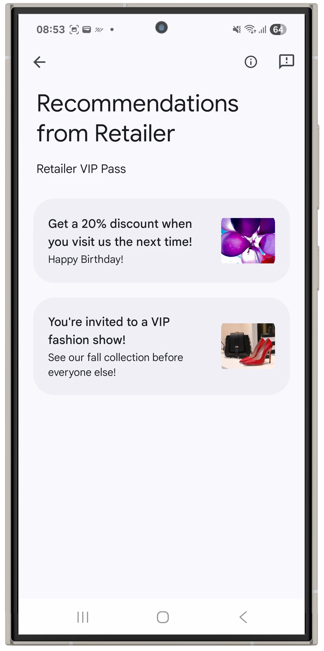 A list of recommendations of a pass in Google Wallet