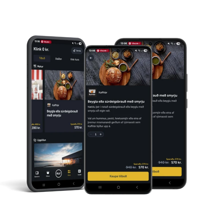 Klink loyalty offers in the AUR app on three phones
