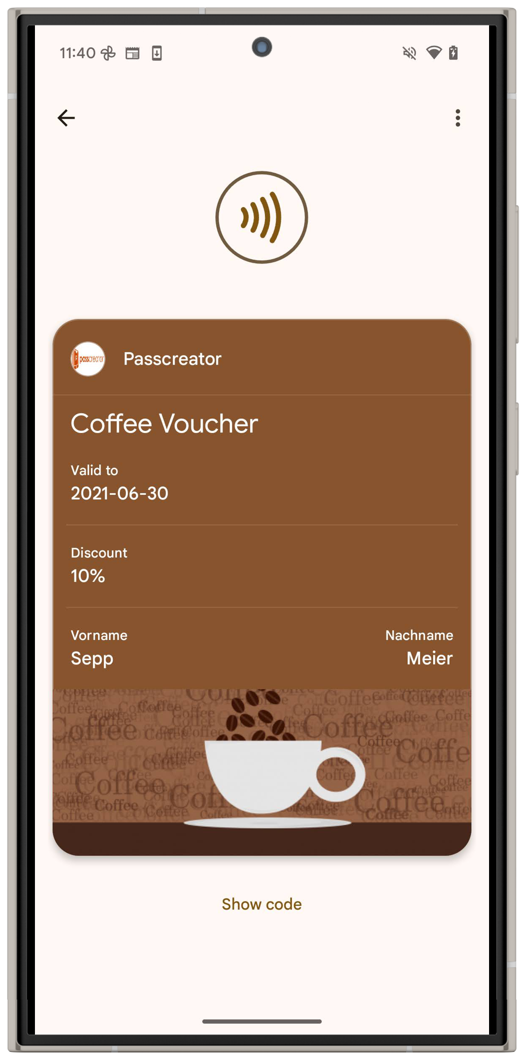 An NFC Wallet pass in Google Wallet on an Android phone