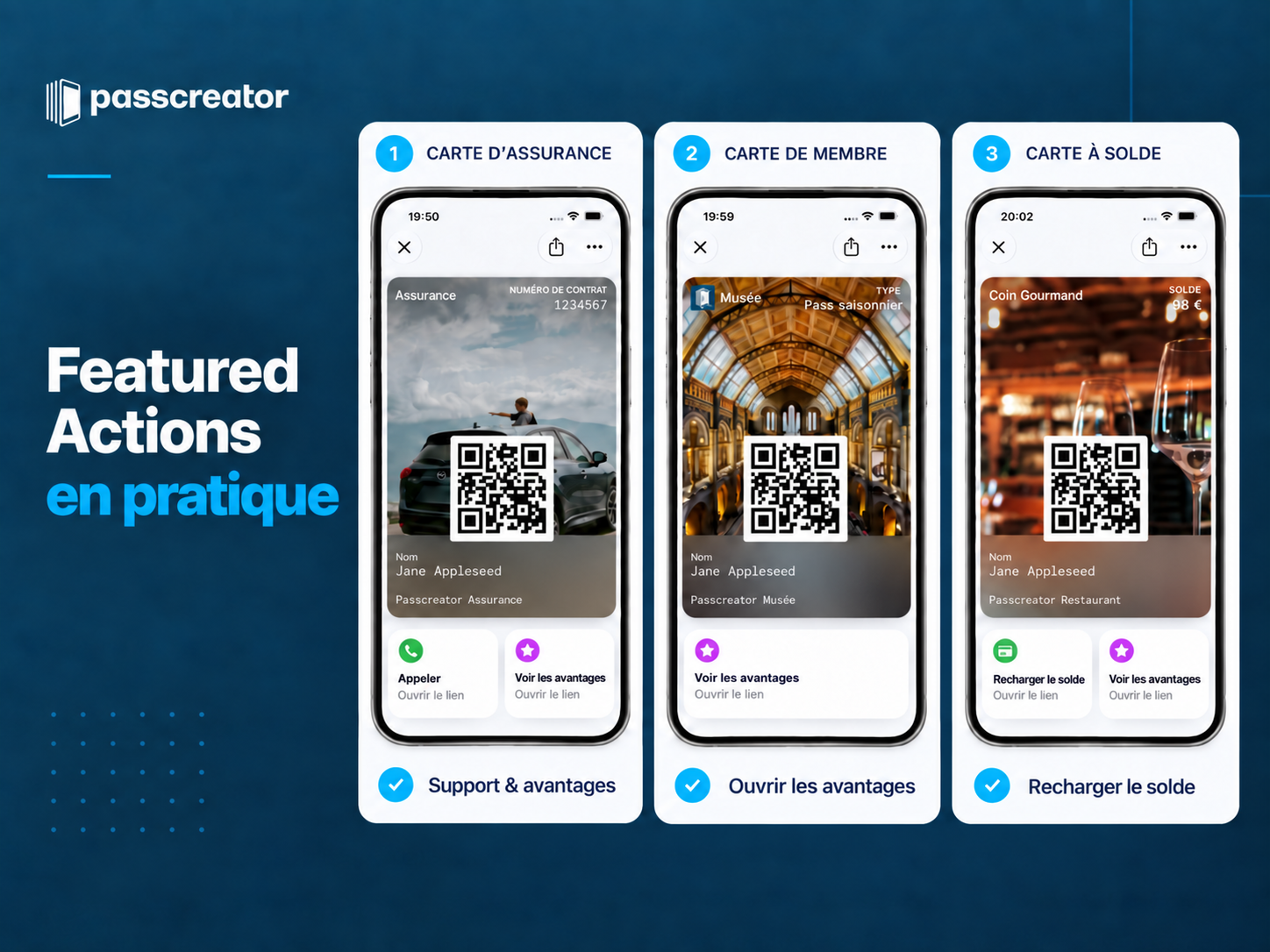 Featured Actions en pratique Trois pass Apple Wallet avec des Featured Actions directement visibles