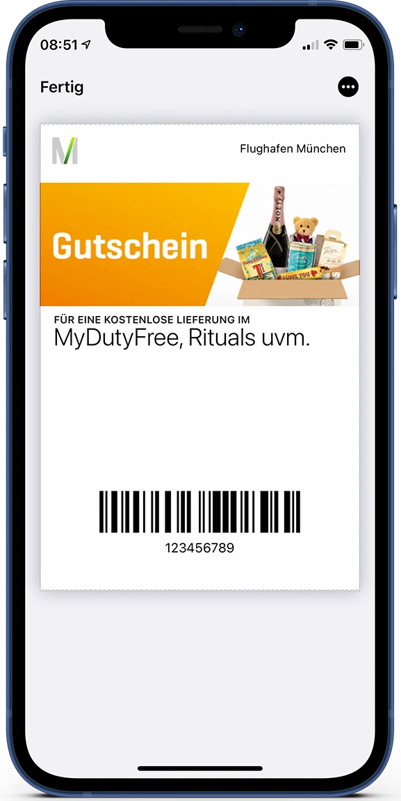 Gutschein von eurotrade am Flughafen München in Apple Wallet auf einem iPhone 12 mini