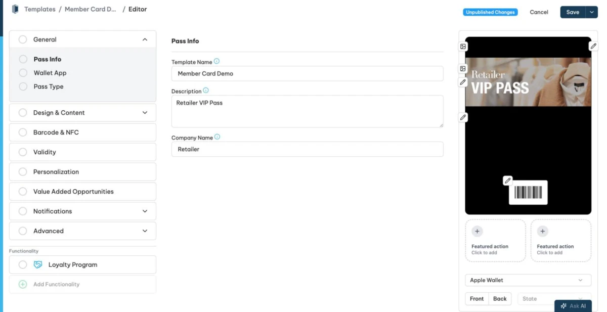 The Pass Info section of the template editor