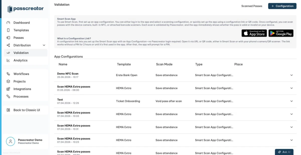 The Validation page with the list of app configurations