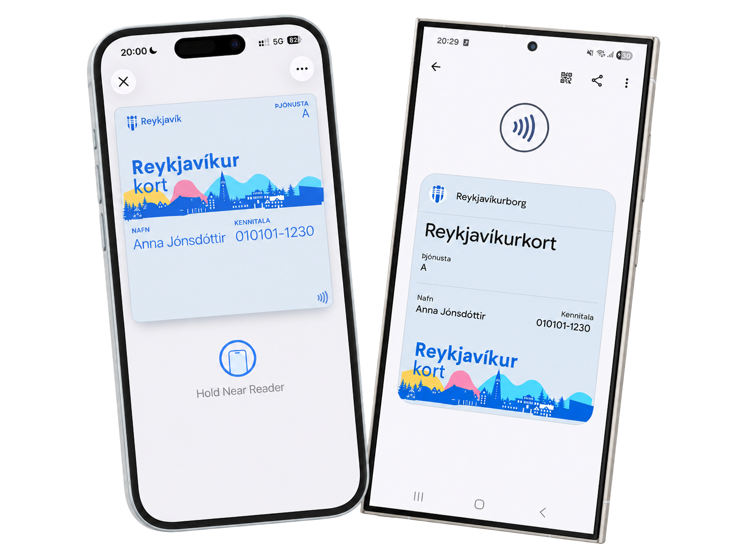 Reykjavík municipal NFC wallet passes displayed on smartphones showing the Reykjavíkurkort city card for public services