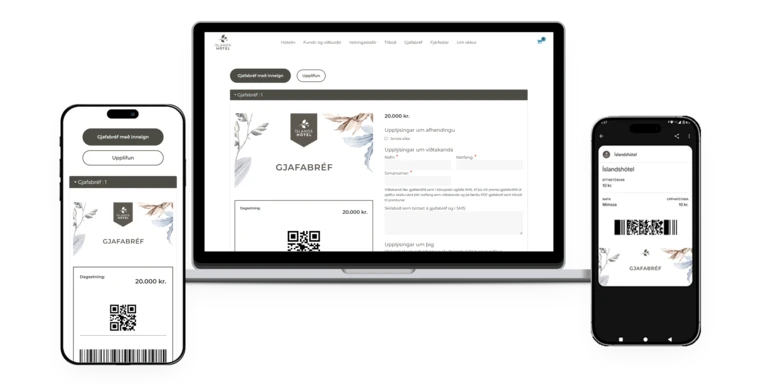 Íslandshótel digital gift card on a laptop, tablet and phone