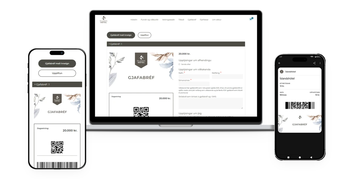 Íslandshótel digital gift card on a laptop, tablet and phone