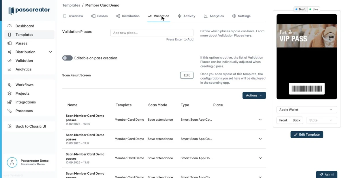 The Validation tab of a template with the Scan Result Screen setting
