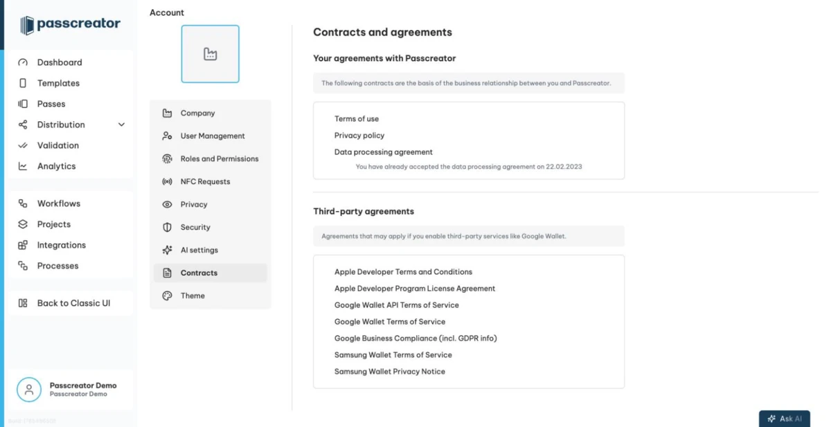 Contracts tab listing agreements