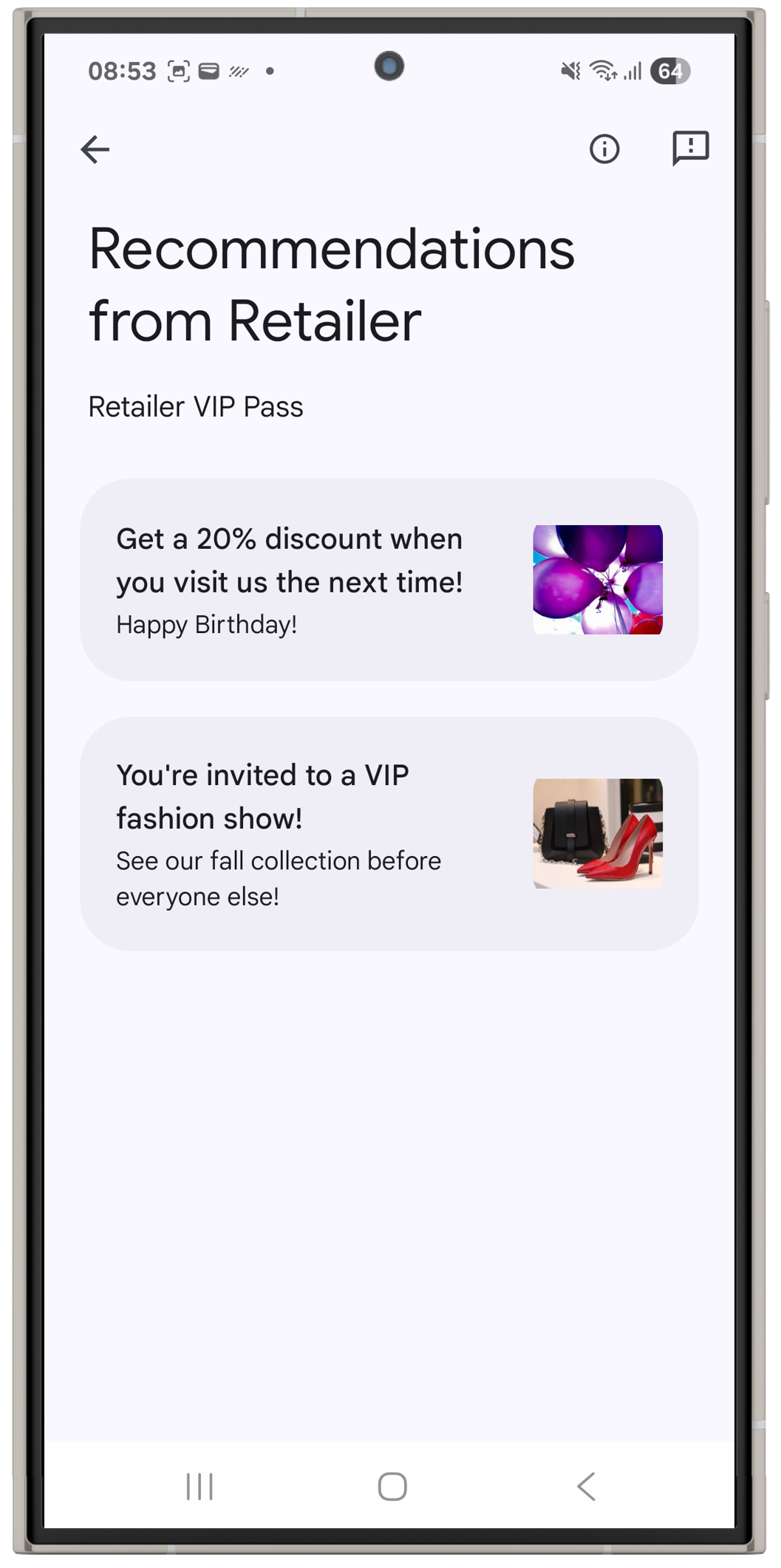 A list of recommendations of a pass in Google Wallet