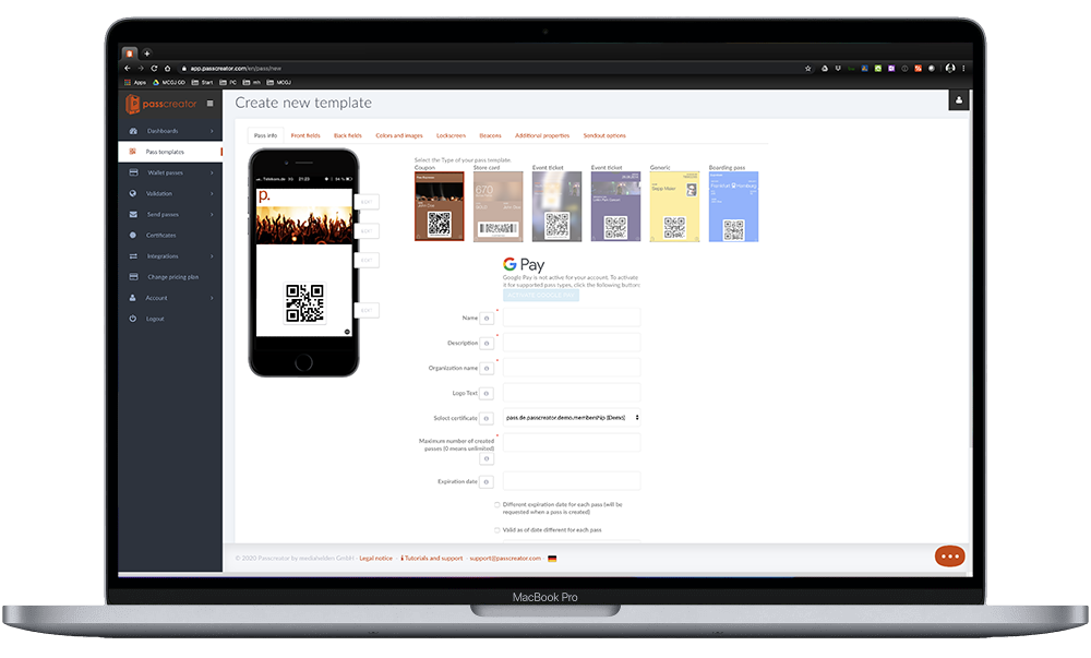 The Passcreator Editor running in the Web Browser on a MacBook