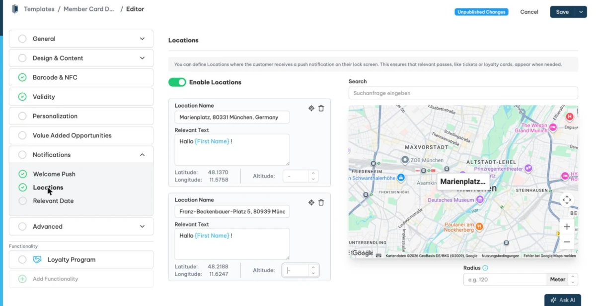 Location settings in the Notifications section