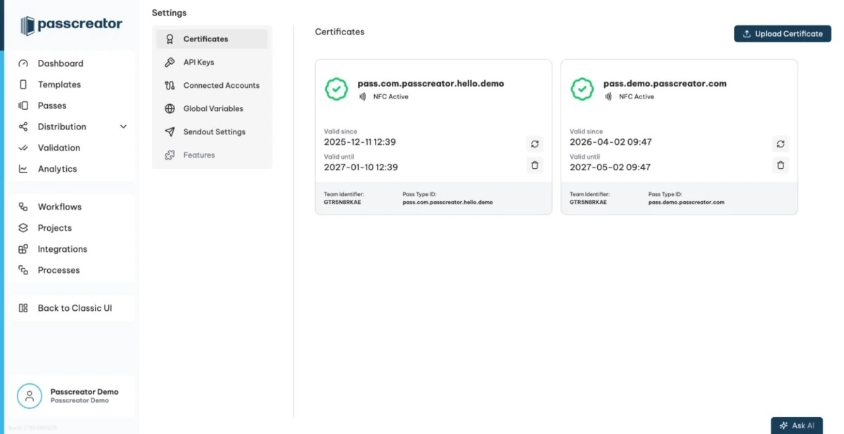Certificate cards in the Certificates tab of the Settings page