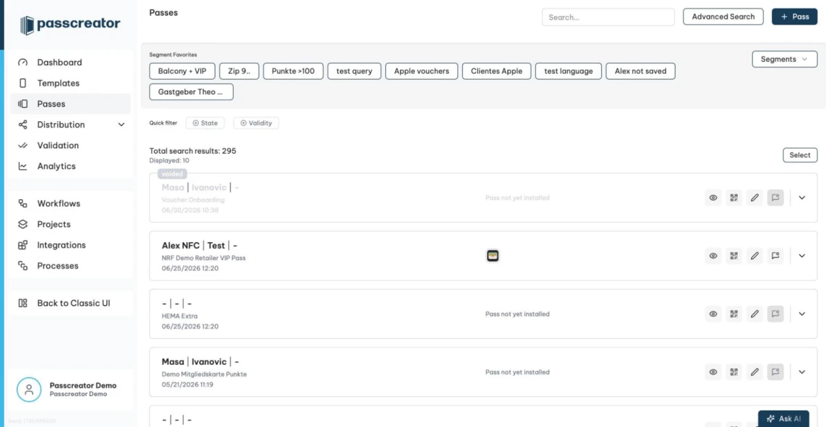 Pass list filtered by a search