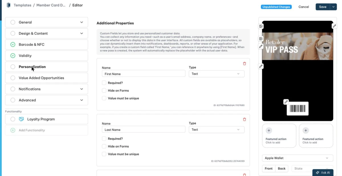 The additional properties list in the Personalization section of the template editor.