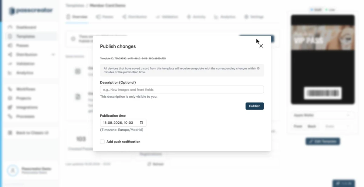 The Publish Changes modal with description, publication time and push notification option.