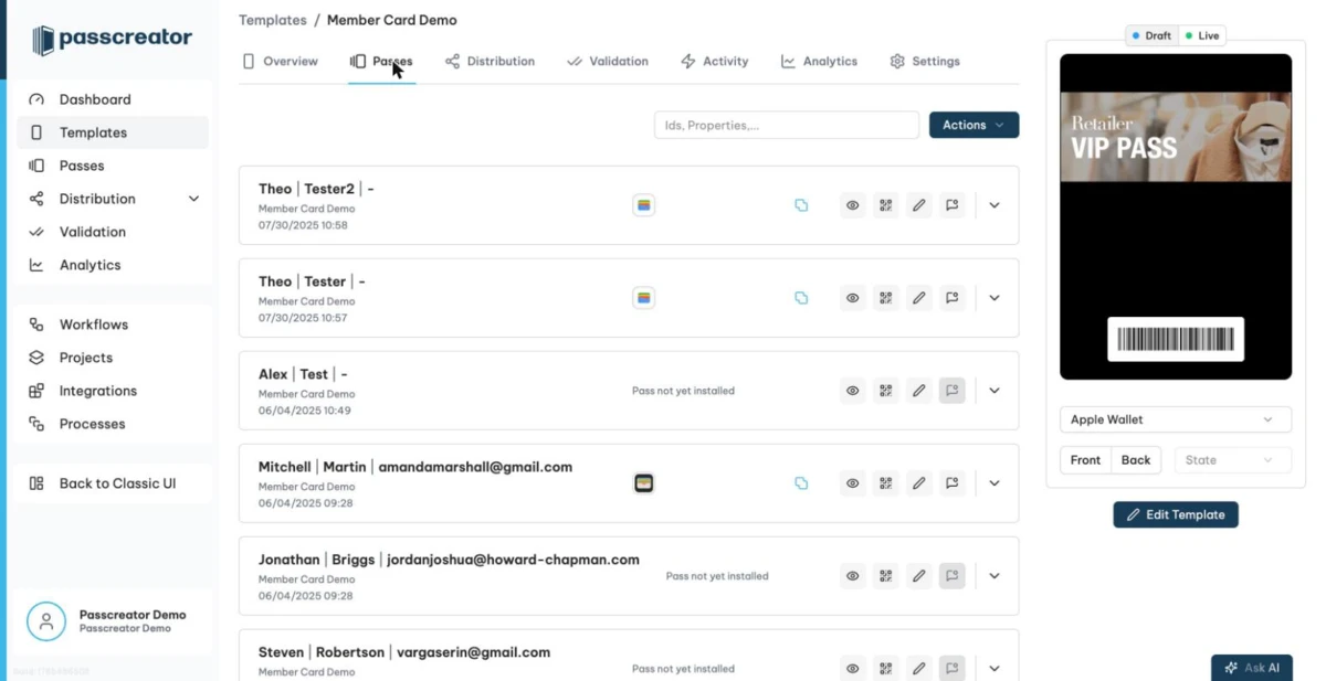 The Passes tab of the template details page with the Actions dropdown