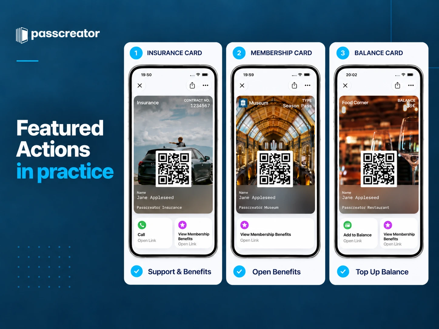 Featured Actions in practice Three Apple Wallet passes with Featured Actions visible directly below the pass